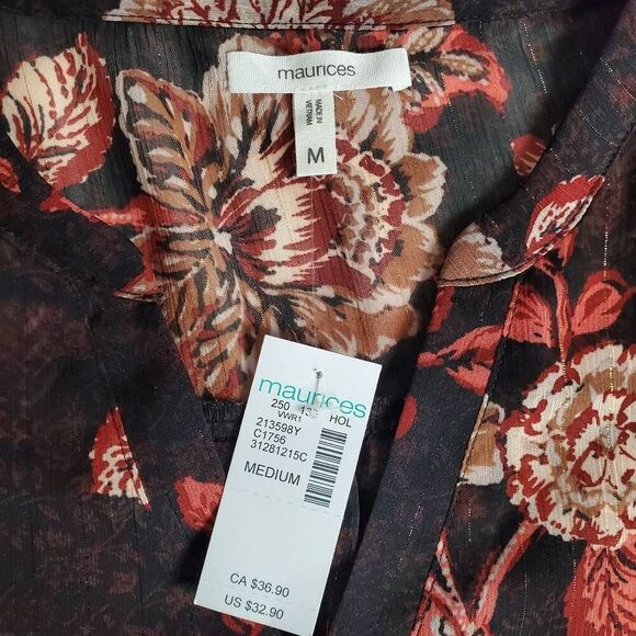 Maurices Women’s Floral Sheer Blouse Size M Brown Red 3/4 Sleeve NWT - Picture 8 of 10